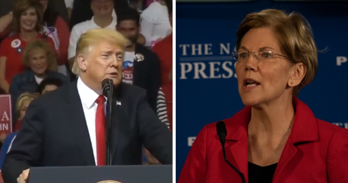 President Donald Trump on stage, left; Sen. Elizabeth Warren, right.