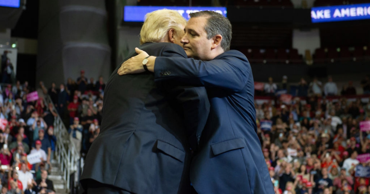 President Donald Trump, left, and Texas Sen. Ted Cruz embrace during a campaign rally Monday in Houston.