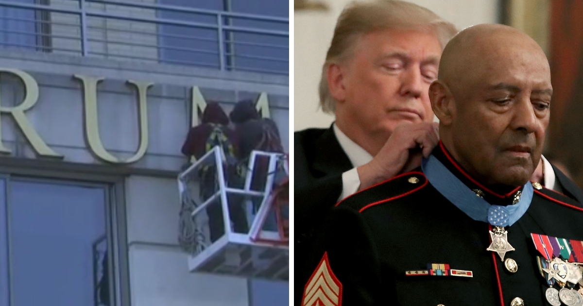 Trump name removed from building / President Donald Trump presents the Medal of Honor to retired Marine Sgt. Major John L. Canley.