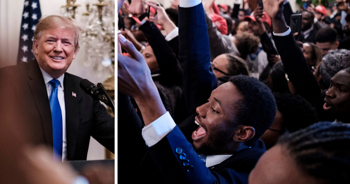 Young black conservative leaders from across the country cheer as U.S. President Donald Trump prepares to speak as part of the Young Black Leadership Summit in the East Room of the White House on Friday.