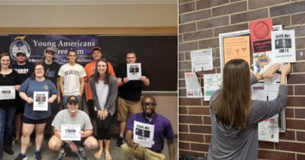 Members of UC Young Americans for Freedom hold pro-Kavanaugh flyers, left. Right, a member of the group puts a flyer on a bulletin board.