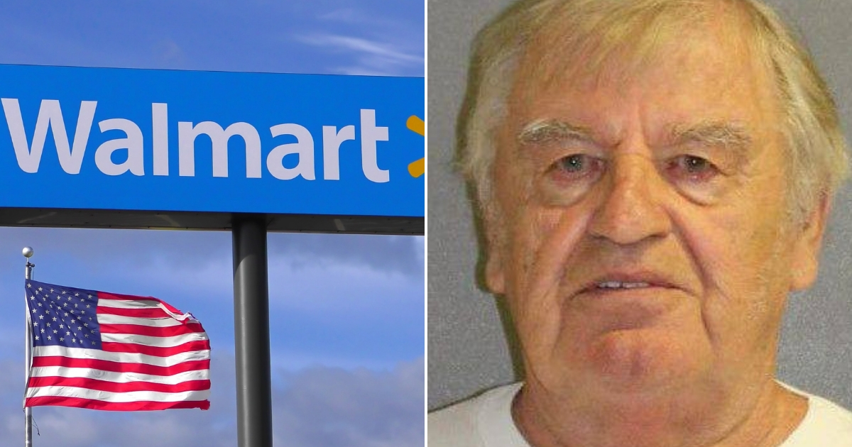 A walmart sign, left, and a man who was charged with false imprisonment, right.