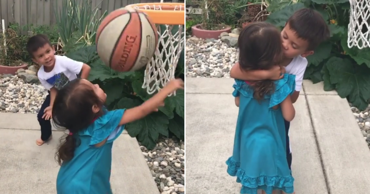 Little girl hit in the face with basketball, left. Big brother comforts his sister, right.