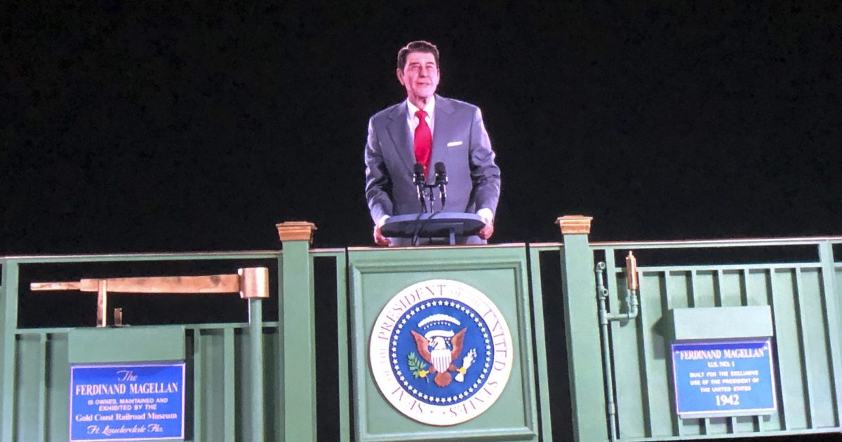 Former President Ronald Reagan appears on a railcar platform making a speech during a whistle stop on the campaign trail, but as a hologram, on display at the Ronald Reagan Presidential Library in Simi Valley, Calif., Wednesday, Oct. 10, 2018. The Reagan Library says it worked with the same Hollywood special effects wizards who helped bring singers Michael Jackson, Maria Callas and Roy Orbison back to life on stage. Officials say the goal is to allow visitors to see Reagan back in the Oval Office, campaigning or at his beloved ranch.