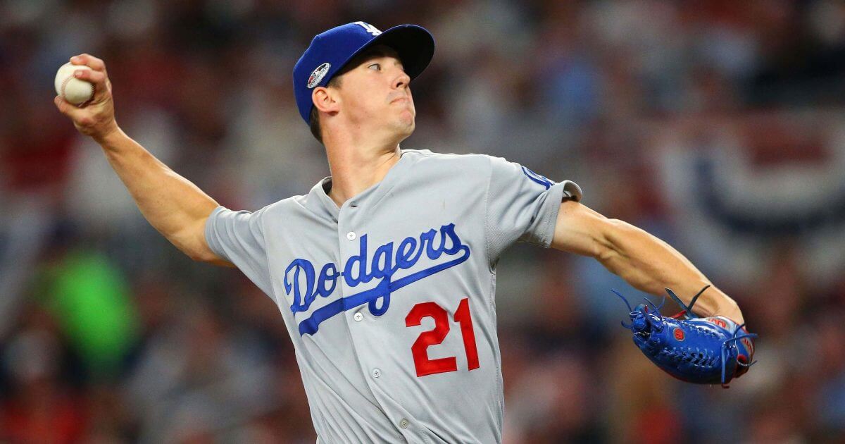 Dodgers Walker Buehler delivers during the first inning in Game 3 of National League Division Series against the Atlanta Braves.