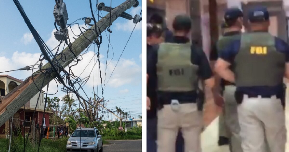 Electric pole teeters after Hurricane Maria, left; FBI agents, right, gather for a raid.