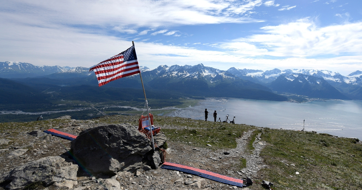 American flag on mountain in Seward, Alaska.