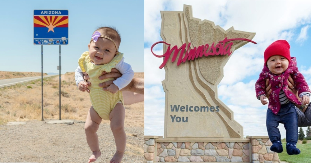 Baby next to state signs for Arizona and Minnesota.