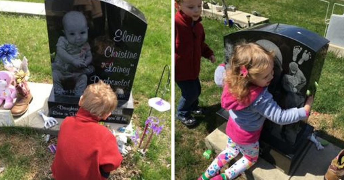 Little kids with a headstone of their sister.