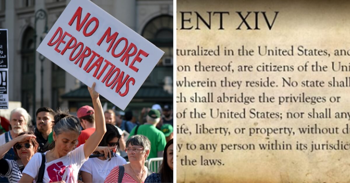 An iIllegal alien advocate protests, left; a portion of the 14th Amendment, right.