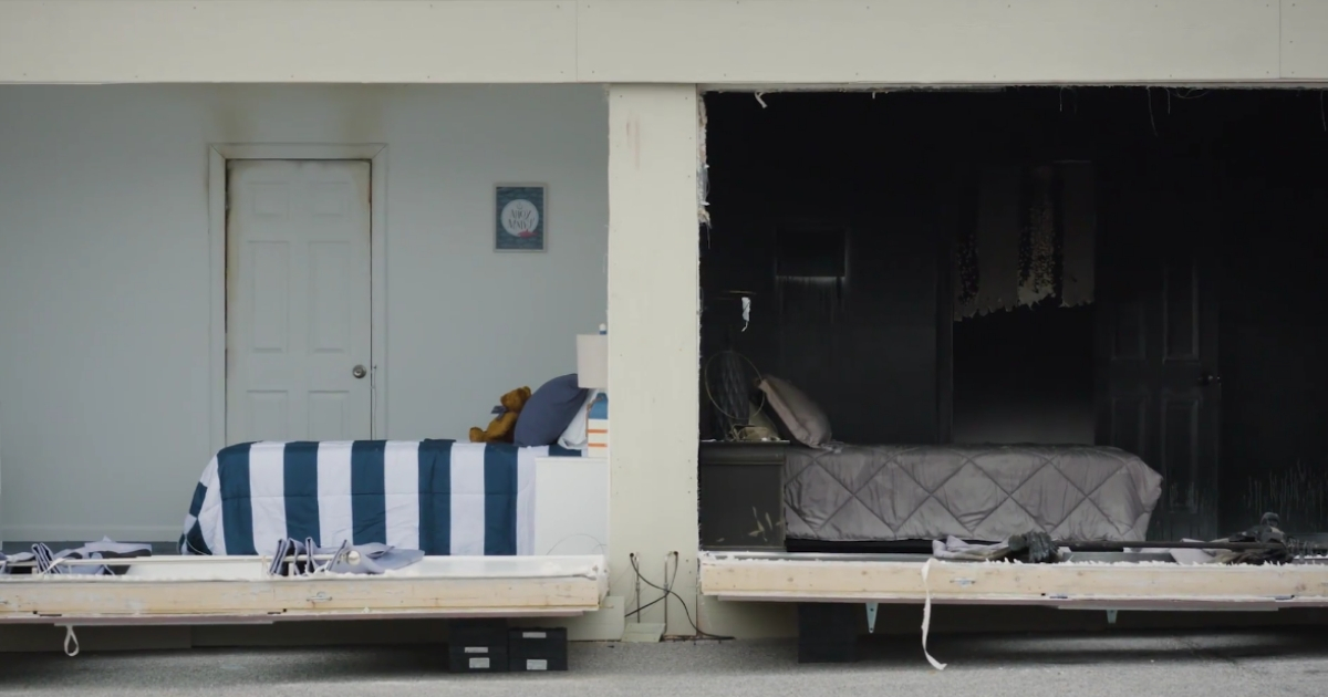 Rooms side by side comparing what happens when you leave your door open or closed in the event of a house fire.