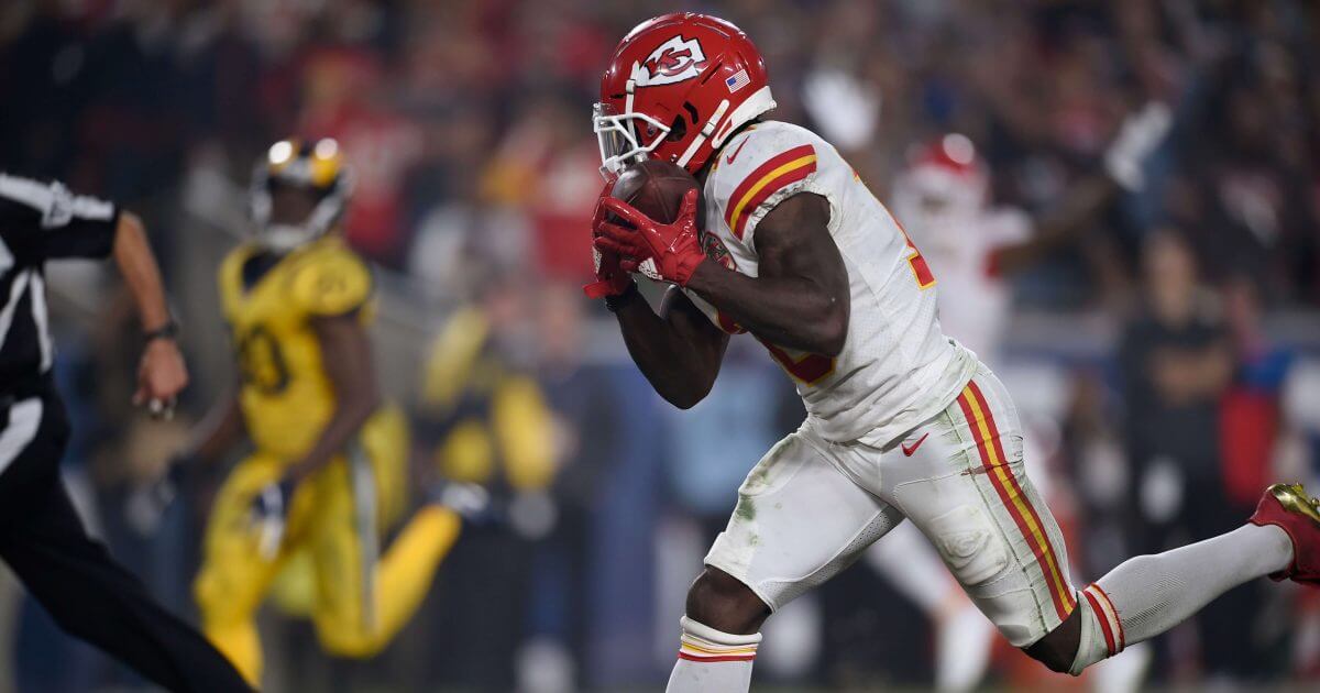 Kansas City Chiefs wide receiver Tyreek Hill hauls in a touchdown catch Monday against the Los Angeles Rams