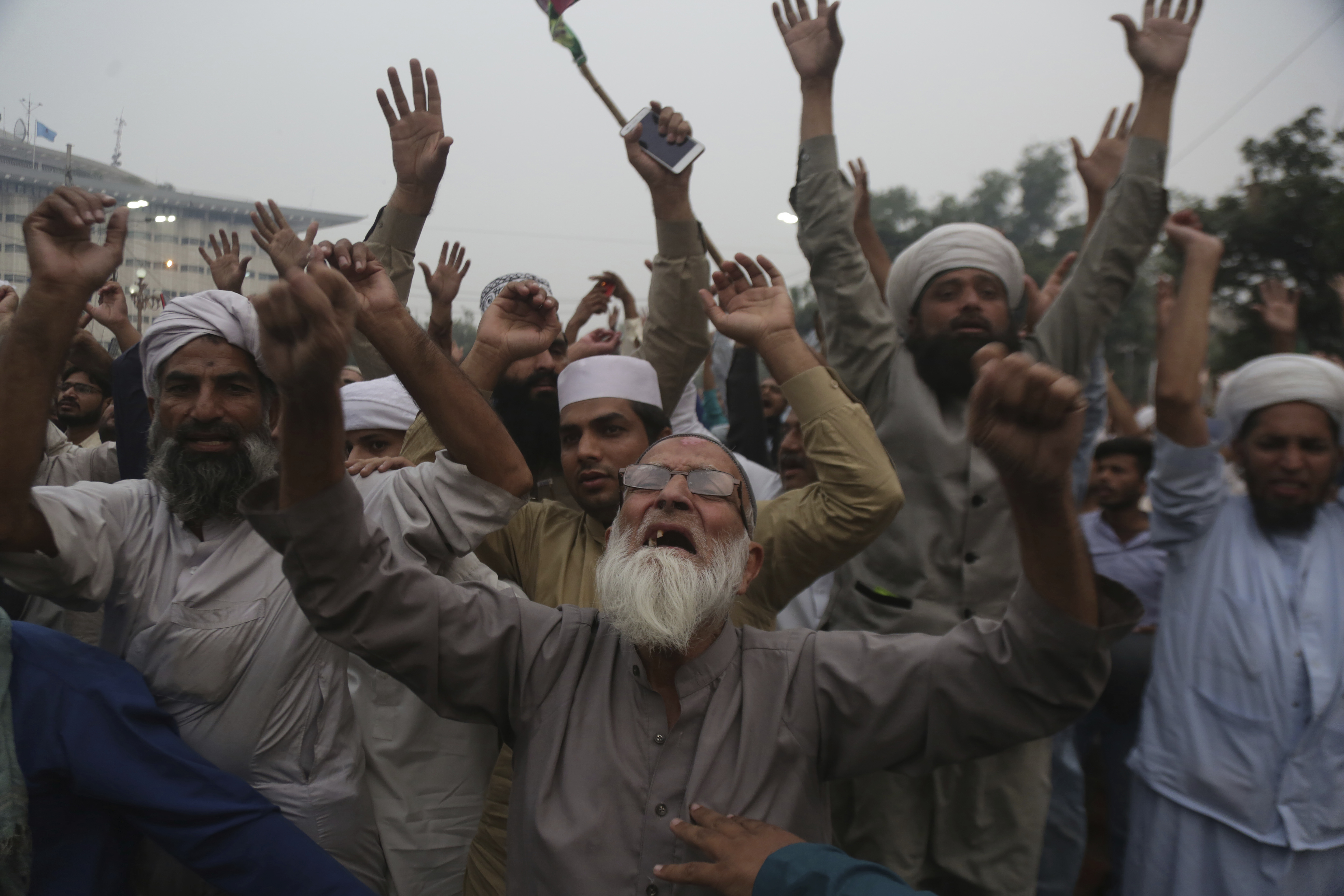 Protesters in Lahore, Pakistan, shout slogans Friday during a rally to condemn a court decision that acquitted Asia Bibi, a Christian woman who spent eight years on death row accused of blasphemy.