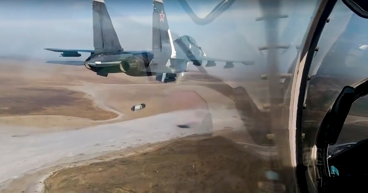 A view from the cockpit of an Su-30 fighter jet of the Russian air force during maneuvers in southern Russia.