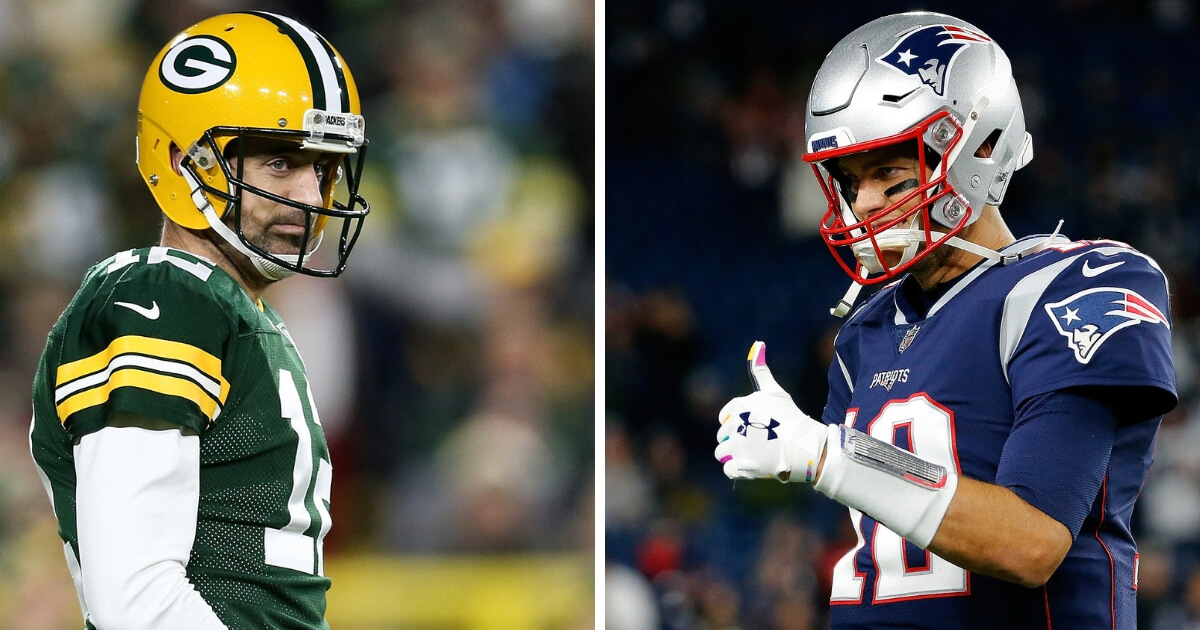Green Bay Packers quarterback Aaron Rodgers, left, and New England Patriots quarterback Tom Brady, right