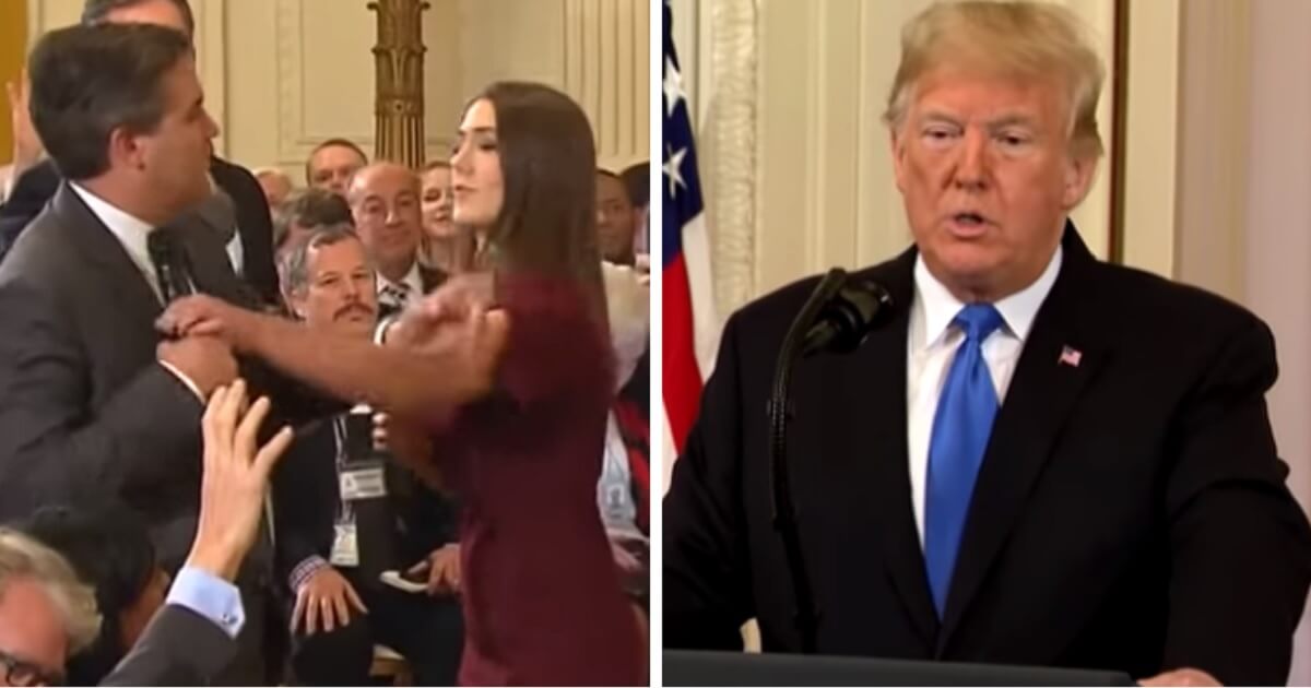 Jim Acosta tangles with female White House intern, left; and President Donald Trump, right.