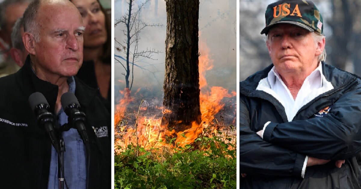California Gov. Jerry Brown, left; forest fire, center; President Donald Trump, right.