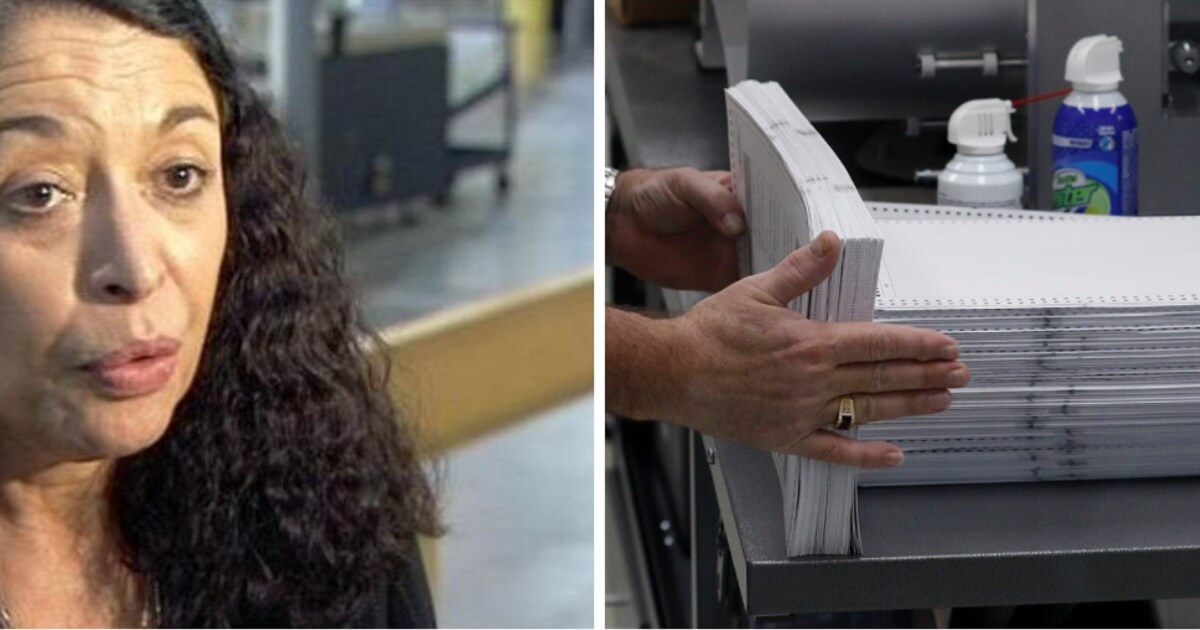 Palm Beach County, Florida, Elections Supervisor Susan Bucher, left; stack of ballots, right.