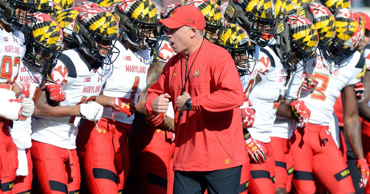 Maryland coach D.J. Durkin fires up his team before a September 2017 game against Minnesota.