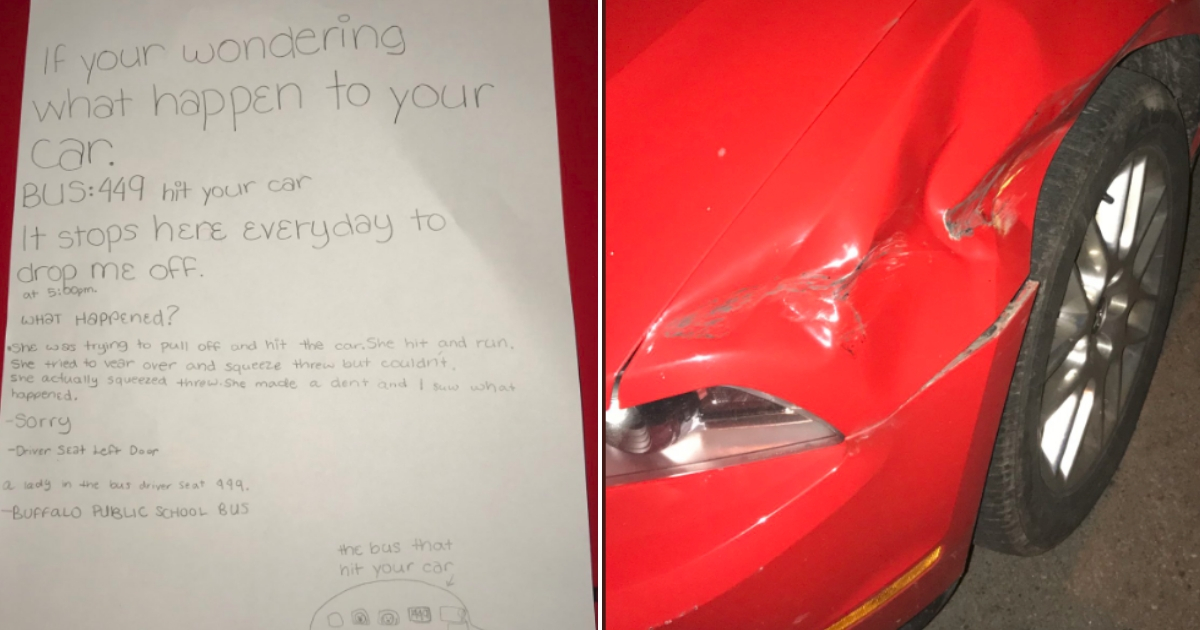 Note on car, left, damage to car, right.