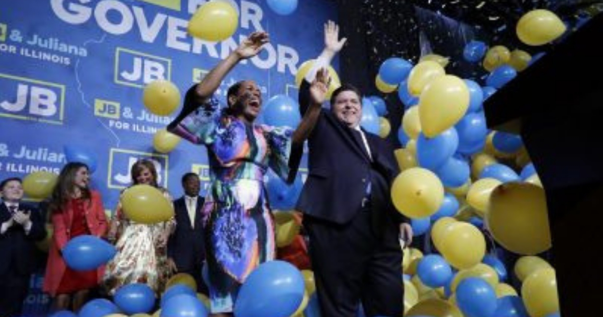 Democratic gubernatorial candidate J.B. Pritzker, right, and his running mate Lt. Governor candidate Juliana Stratton celebrate as they wave to supporters after they won over Republican incumbent Bruce Rauner last week.