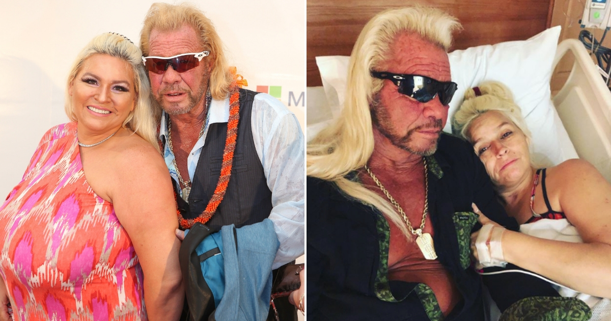 Duane 'Dog' Chapman and his wife at a premier event, left, and in the hospital, right.