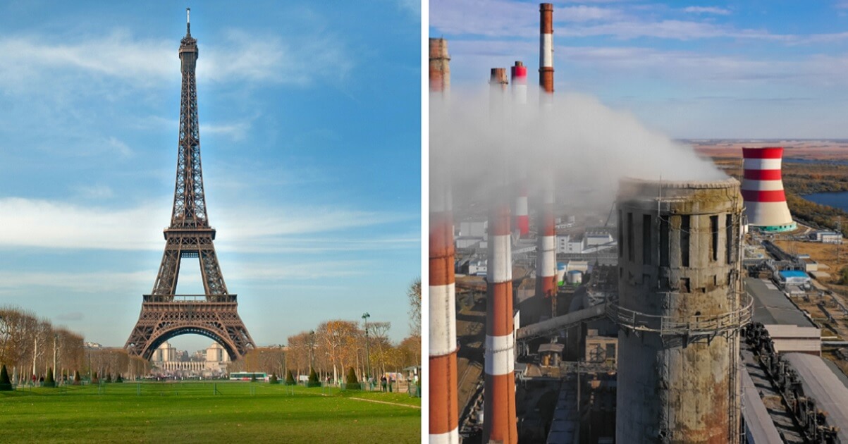 The Eiffel Tower, left; a smokestack, right.