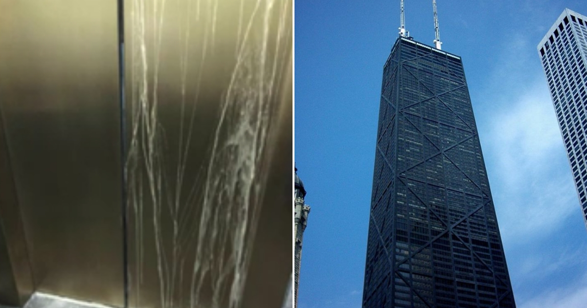 An elevator that fell, left, and John Hancock Center in Chicago, right.