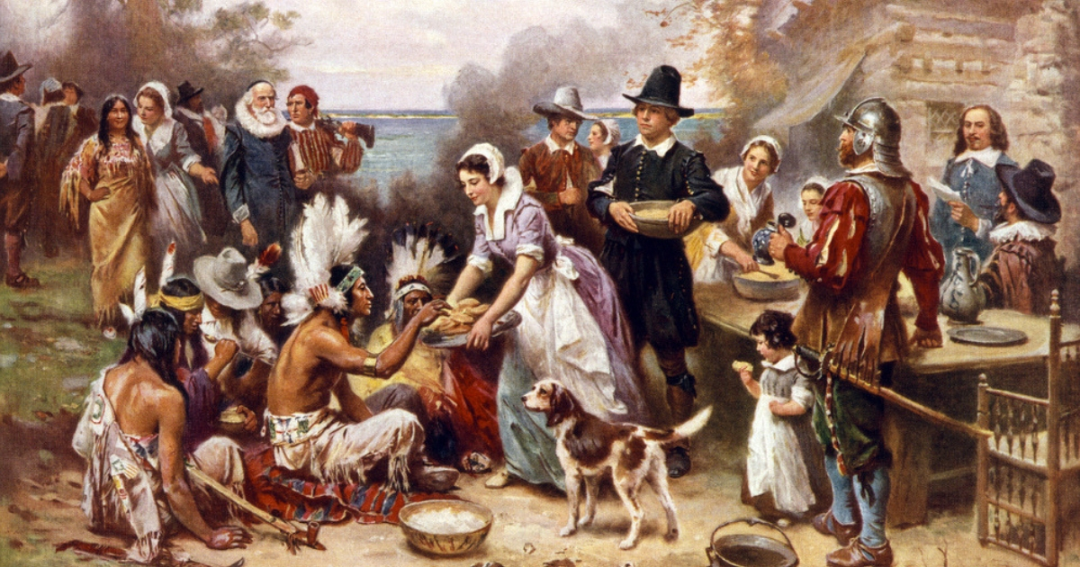 The first Thanksgiving is depicted in this 1932 painting by Jean Louis Gerome Ferris.