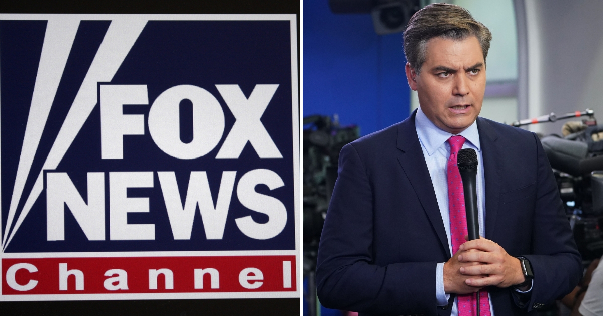 Fox News logo, left, Jim Acosta, right.