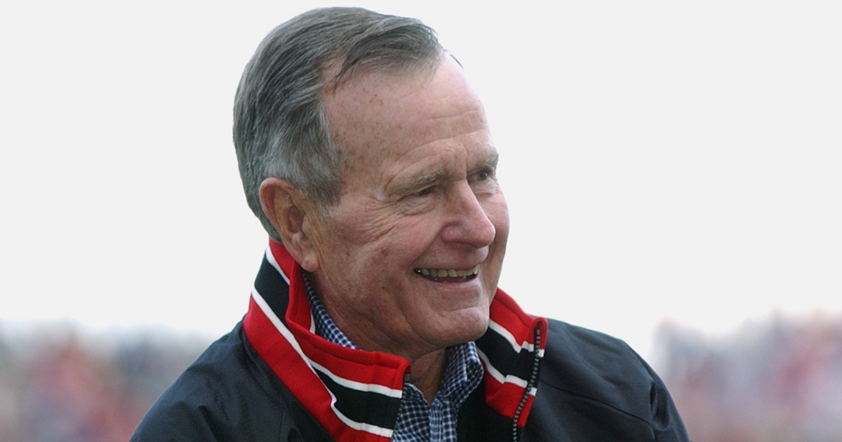 Former President George Herbert Walker Bush after throwing the ceremonial first pitch prior to the Opening Day game between the Pittsburgh Pirates and the Cincinnati Reds at Great American Ball Park in 2003.