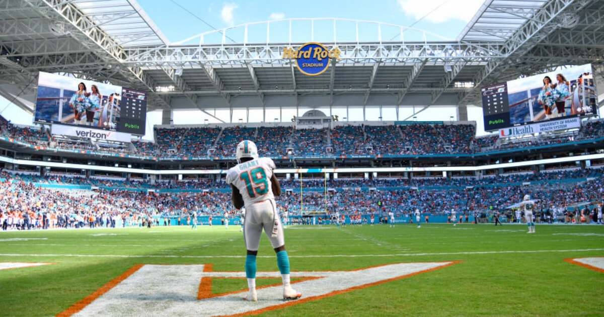Jakeem Grant of the Miami Dolphins awaits a kickoff at Hard Rock Stadium.