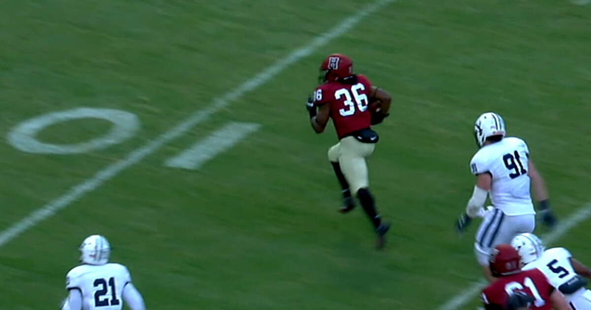 Harvard's Devin Darrington running for an apparent touchdown against Yale