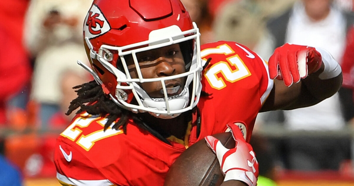 Running back Kareem Hunt of the Kansas City Chiefs scrambles for yardage against the Arizona Cardinals during Nov. 11 game at Arrowhead Stadium.