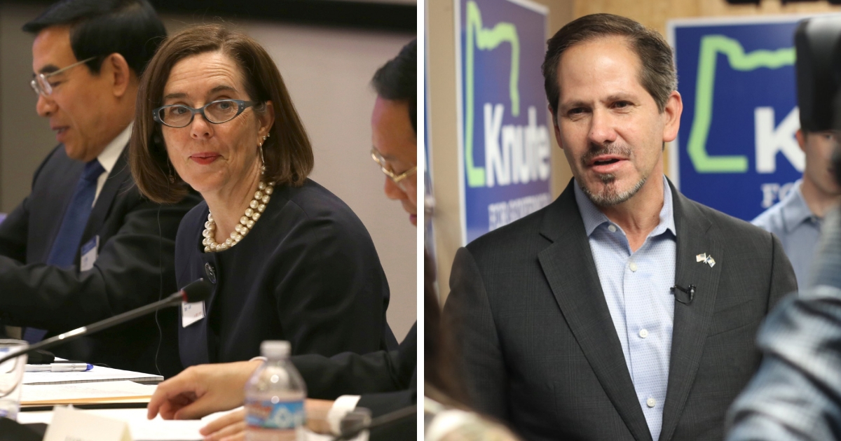 Kate Brown, left, and Knute Buehler, right.