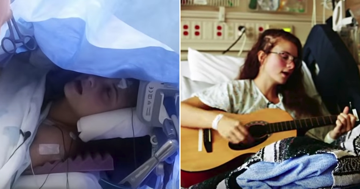 Kira singing during brain surgery, left, and after brain surgery, right.