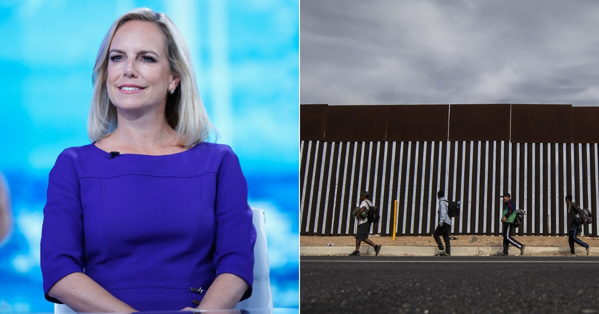 U.S. Secretary of Homeland Security Kirstjen Nielsen visits 'The Daily Briefing,' left, migrants walk along the U.S. border, right.