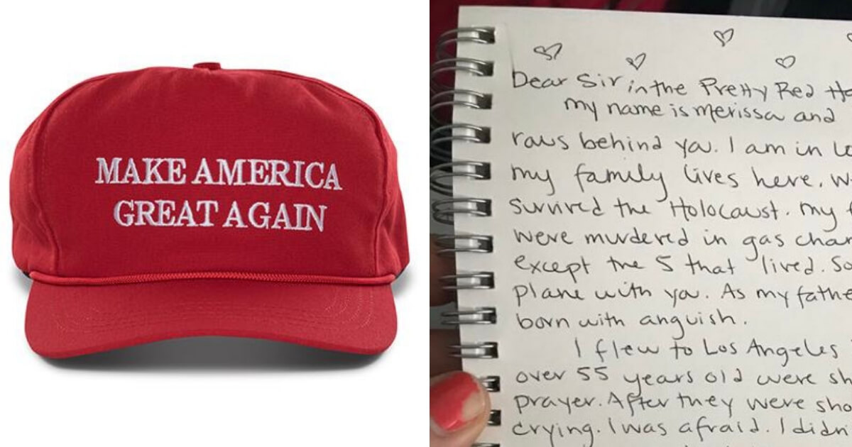 A woman wrote letter lecturing a man wearing a red "MAGA" hat.