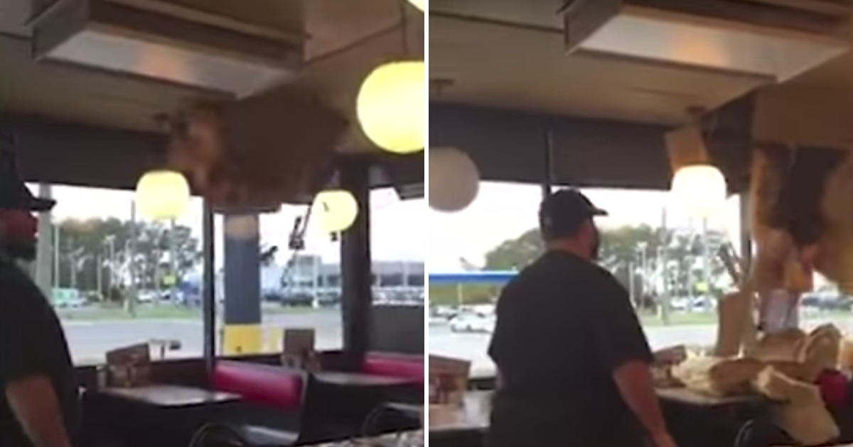 A man in his underwear falls through the ceiling of a Waffle House