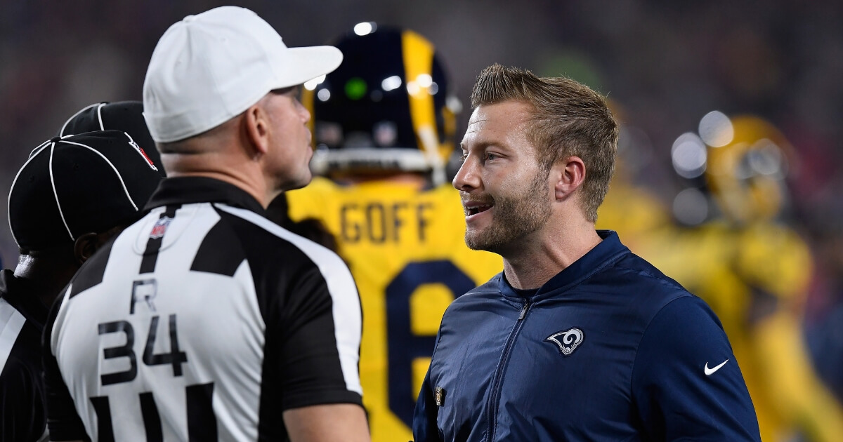 Los Angeles Rams head coach Sean McVay complains to referee Clete Blakeman during the first quarter of his team's game against the Kansas City Chiefs on Monday night at Los Angeles Memorial Coliseum.
