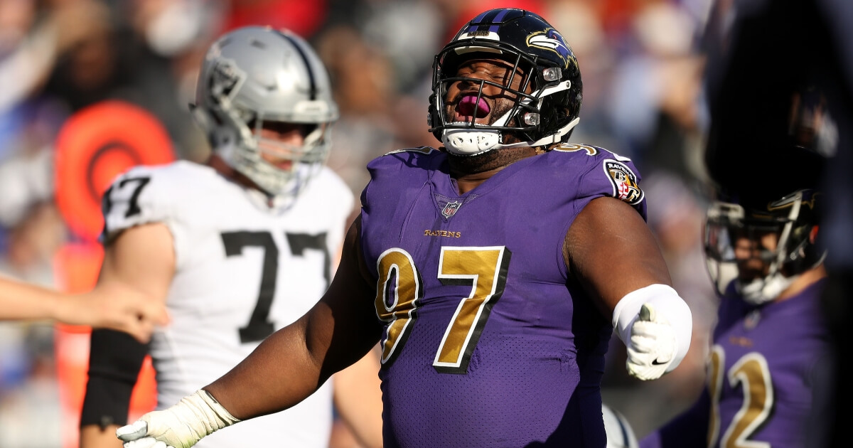Ravens defensive tackle Michael Pierce reacts after a play in Baltimore's 34-17 win over the Oakland Raiders at M&T Bank Stadium on Sunday.
