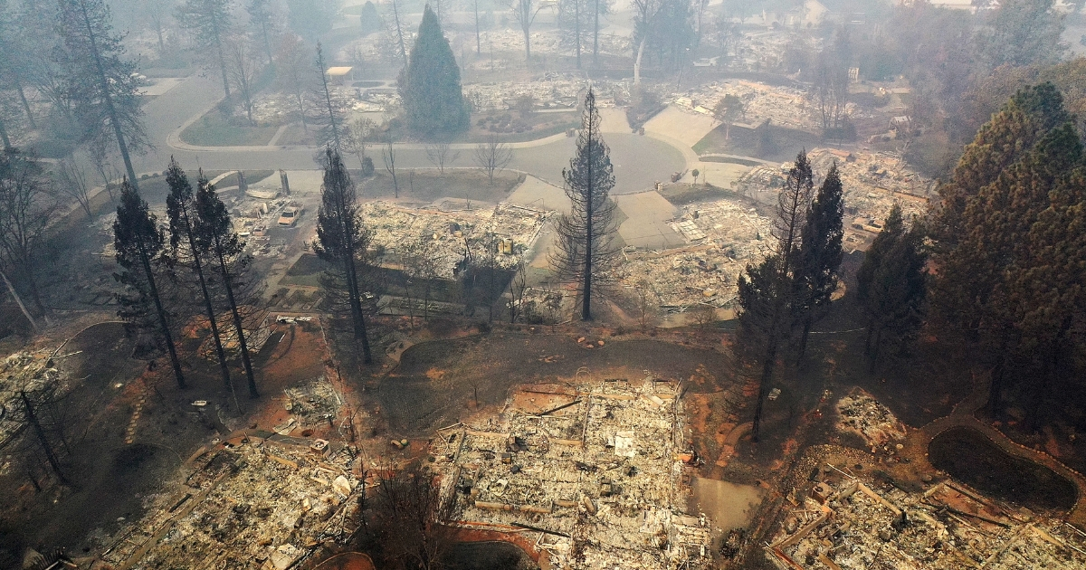 An aerial view Thursday of a neighborhood destroyed by the Camp Fire in Paradise, California.