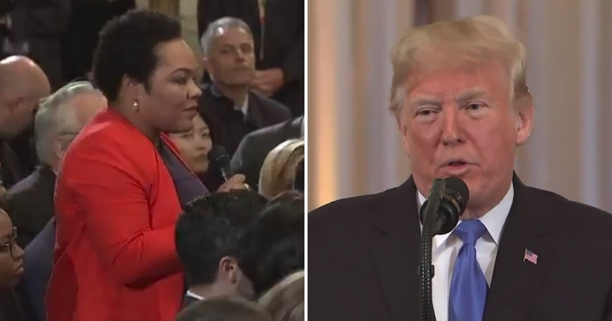 A reporter, left, asks Donald Trump, right, a question.