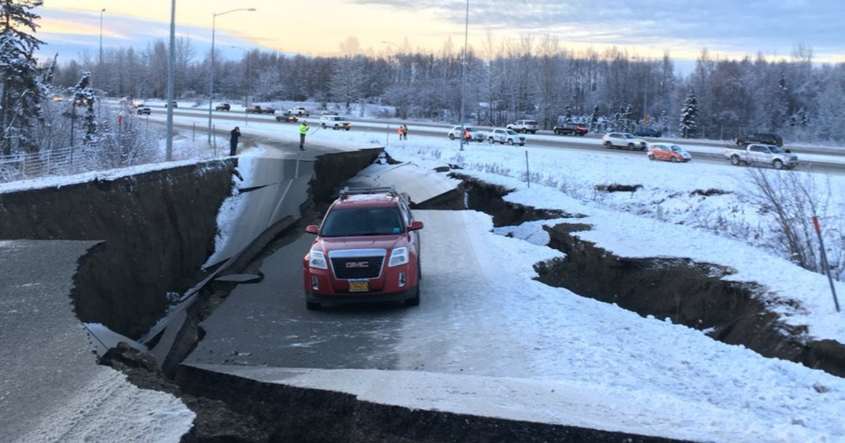 Roads ruined in Alaska by an earthquake.