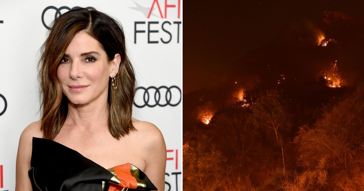Sandra Bullock attends the gala screening of 'Bird Box,' left, and Spot fires burn on the hills above Pepperdine University during the Woolsey fire, right.