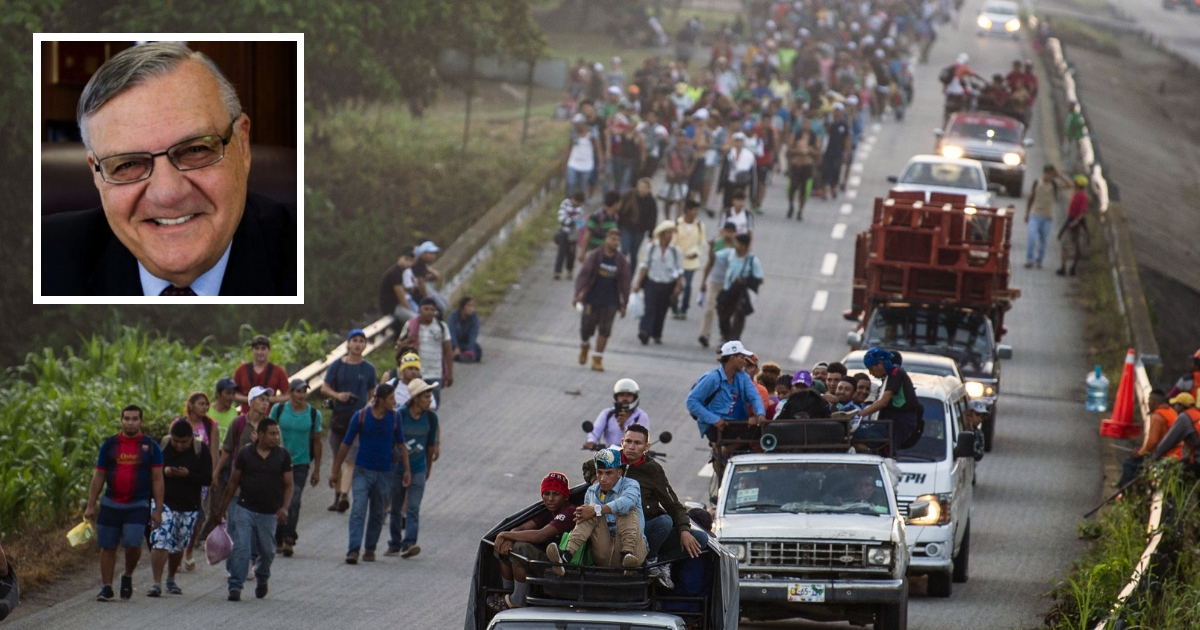 Honduran migrants walking and riding on trucks head through Mexico toward the United States. Inset: Joe Arpaio, former sheriff of Maricopa County, Arizona