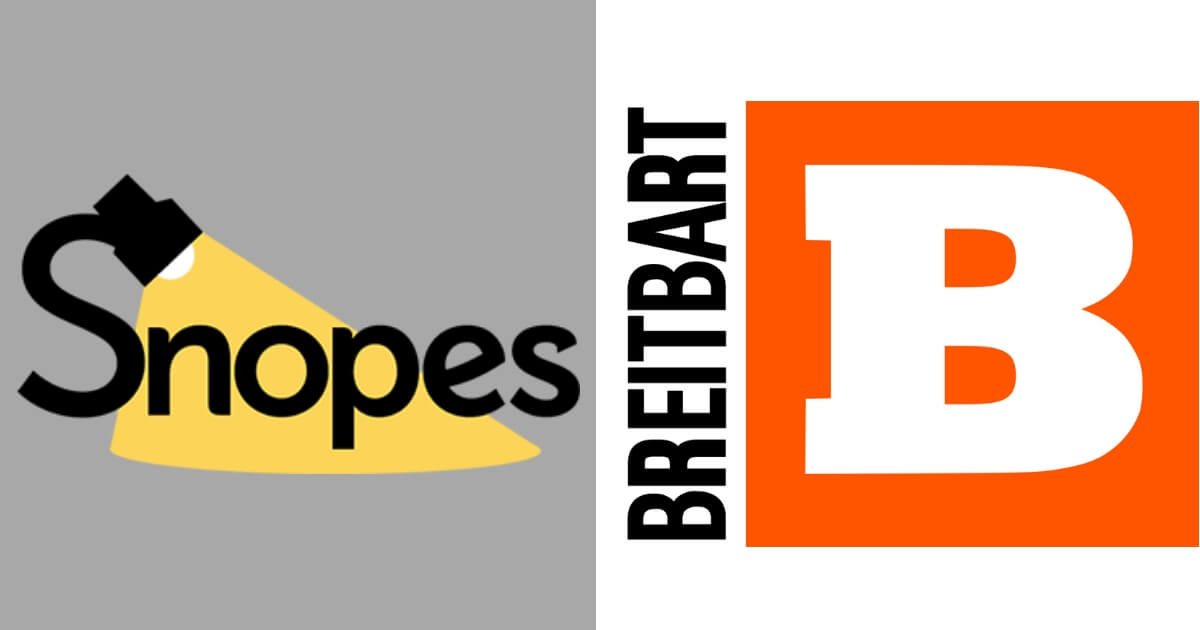 Snopes logo and Breitbart logo.