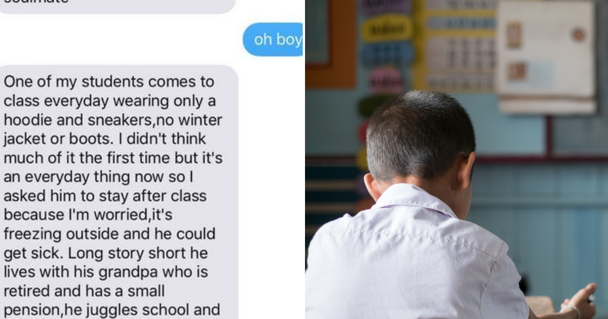 A text message about a student in need, left, and a student in a classroom, right.