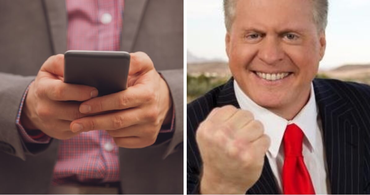 An image of a man texting, left; and Wayne Allyn Root, right.