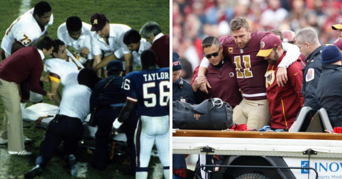 Redskins quarterbacks Joe Theismann, left, and Alex Smith being taken off the field after suffering broken legs exactly 33 years apart.